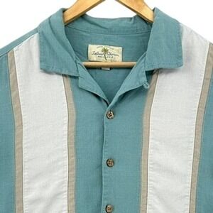 Island Shores Washable Silk Teal Vertical Stripe Camp Shirt Men XL Coastal Retro